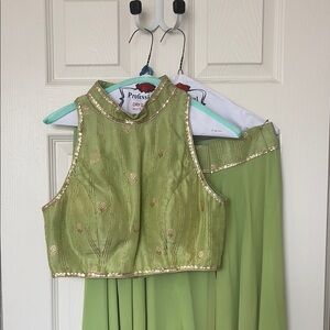 Green Embroidered Crop Top and Skirt Set